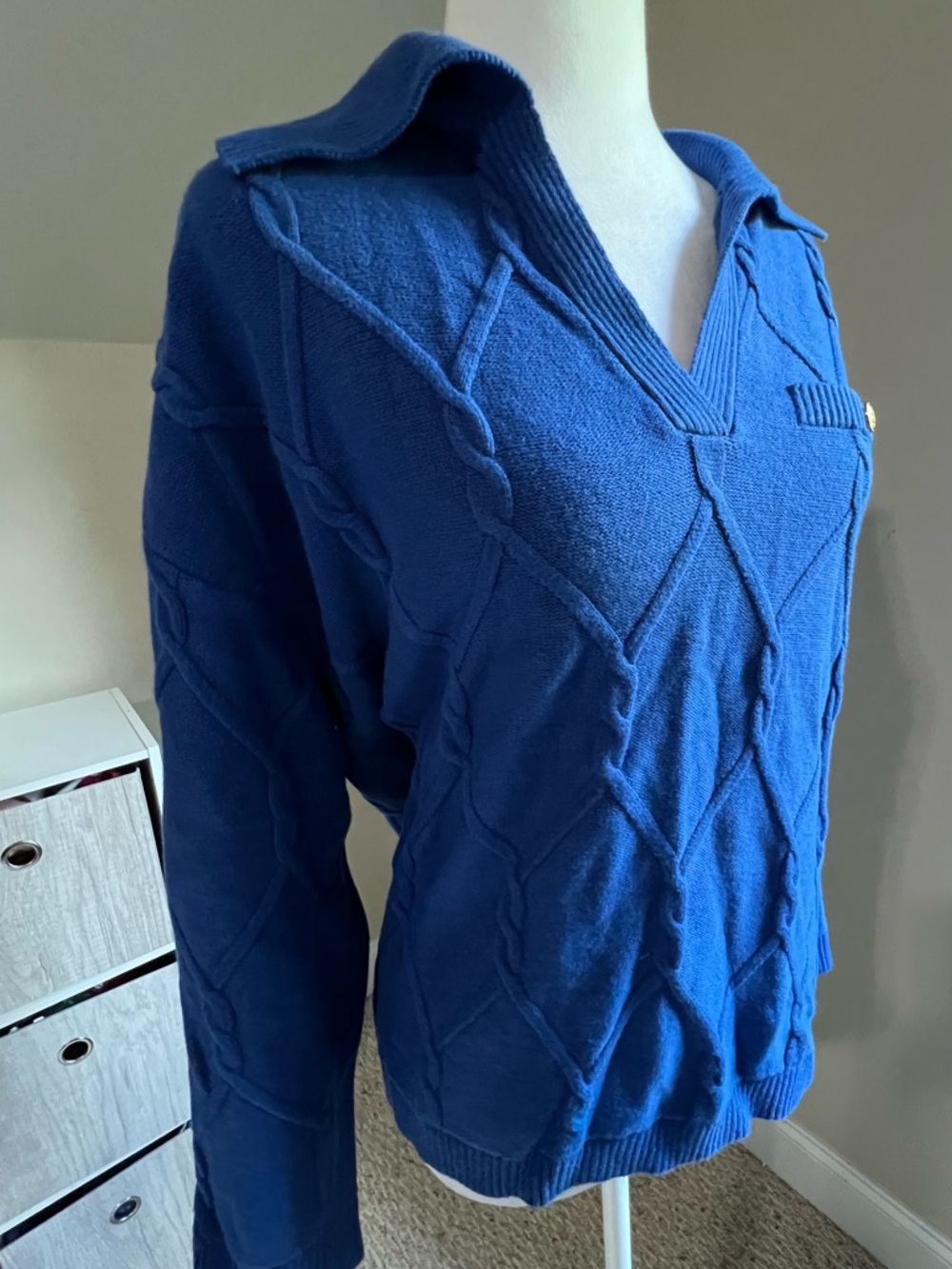 Talbots Royal Blue V-Neck Cable Polo Sweater